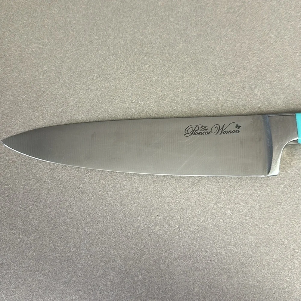 Pioneer Woman 8 in knife with Turquoise handle in good used condition